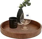 HofferRuffer Faux Leather Round Serving Tray, Vegan Croco Leather Decorative Tray, Food Tray for Storage Drinks, Snack & Cosmetics, Dia.12'' x 1.6'' (Antique Brown)