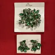 Rare VTG Du Boyes Green & Aurora Borealis Rhinestone Brooch Earring Set - 1960’s