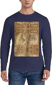 [POCUK] World Map Men's Round Neck Long Sleeved T-Shirt Casual Long Sleeved Men's T-Shirt Without Pockets, Navy Blue, 3XL