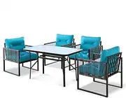 [ALFORDSON] Outdoor Patio Bistro Set with UV-Resistant PE Wicker, Conversation Set with 4X Armchairs and 120x70x70cm Coffee Table, Lounge Chair & Side Table with Water-Resistant Cushions, Black Blue