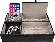 [CRITIVE-SHOP] Leather Valet Tray Desk Organiser, 5 Compartments Bedside Organiser, Drawer Organisers Tray, Men's Bedroom Accessories, Dresser Desk Storage Boxes with Lid
