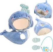 Clothing Compatible with Labubu Dolls, Shark Headpiece, Shark Suit, Camera Pendant, 2 Small Fish Hair Clips for The 17 cm Mini Plush Doll, Dolls Not Included Light Blue