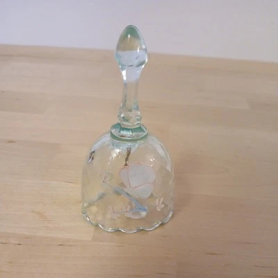 Fenton Diamond Quilted Light Blue Glass Hand Painted/Signed Floral Bell