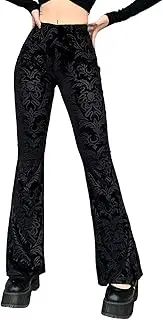 [Djeanxa] Gothic Velvet Flare Pants for Women High Waist Skinny Lace Print Bell Bottom Trousers Vintage Goth Flared Leggings