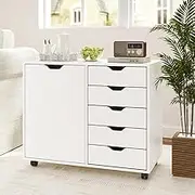 5-Drawer Mobile Side Cabinet, Lateral Filing Cabinet w/Wheels, Adjustable Shelf, Drawer Chest w/Door, Modern Storage Cabinet Printer Stand for Home Office, White
