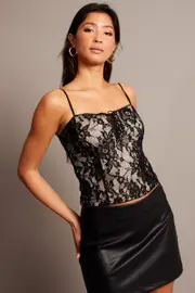 Black Lace Top Singlet - Size L, Women's Singlet