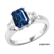 Emerald Cut Real Blue Sapphire 2.54CT Wedding Jewelry Ring 14K White Gold Finish