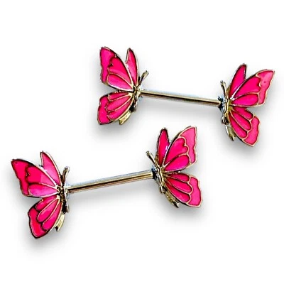 14g Pair Pink Enamel Butterfly Bug Nipple Rings