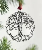 TREE OF LIFE Christmas Ornament Pendant Silver Metal Red Hanging Ribbon NEW