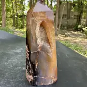 415g Natural red agate obelisk quartz crystal geode cluster tower point healing
