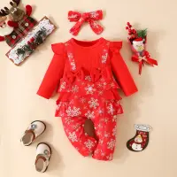 在飛比找蝦皮購物優惠-新生兒聖誕節衣服 女寶聖誕包屁衣 +髮帶 紅色長袖包屁衣 連