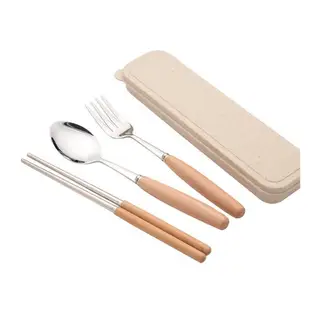 環保筷 湯匙 筷子 叉子 餐具組 原木 不鏽鋼 三件套 日式木柄 環保餐具 J164 (2.9折)