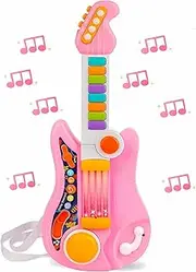 Perkidern Kids Guitar for Girls Boys, Musical Guitar Toys with Guitar & Piano Mode, Multifunctional Musical Instrument Guitar with Lights and Touch Sensor for Toddlers Gift-Pink