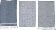 Creative Co-Op Cotton Blend Patterns and Fringe, Set of 3 Styles, Blue and White Tea Towel