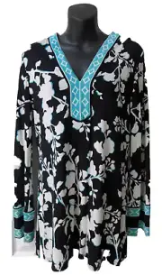 BCBG Maxazria Black White Aqua Floral BOHO Peasant Blouse Tunic Top S NEW