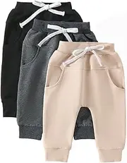 [Doisbetthsay] Toddler Baby Boys Pants 3 Pack Solid Color Fall Spring Sweatpants Baby Jogger Pants Khaki Brown Grey