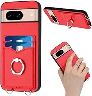 Compatible with Google Pixel 8A Cover,Finger Ring Card Slot Wallet Case Red