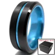 Black Tungsten Carbide Ring Thin Blue Line Police Officers Wedding Band Comfort