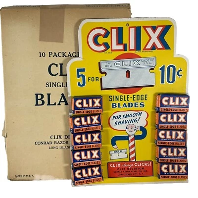 RARE ANTIQUE CLIX RAZOR BLADES STORE DISPLAY CARD NY Conrad Razors WITH BOX §