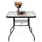 Costway Outdoor Bar Table Patio Furniture Square Coffee Side Table Steel Frame Tempered Glass Dining Garden Balcony Bistro w/Parasol Hole
