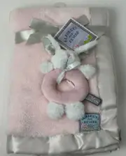 RARE HTF NWT Blankets & Beyond Pink Grey Satin Baby Blanket And Bunny Rattle