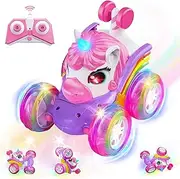 Caunedy Girls Unicorn Remote Control Car, 360° Stunt Rotation 4WD Remote Cars with Lights and Music, Electric Toy Car for 3 4 5 6 Years Old Girl Birthday Gift