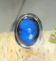 Natural Top Grade Blue Flash Labradorite Sterling Silver Ring Size 6 8gr AM11