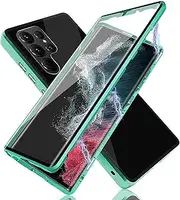 Magnetic Adsorption Case for Samsung Galaxy S23/S23 Ultra 360 Degree Front and Back Clear Tempered Glass Flip Cover Metal Bumper Frame,Green,for Samsung S23Ultra