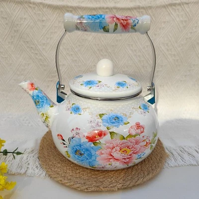 Decorative Teapot Enamel Tea Kettle Floral with Handle Gifts New Year Water