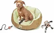 Precious Paws - Bed Snuggle Soft Dog Bed - Cream - Anti Anxiety - 45cm Round - with Dog Toy Set - Tugger Toy - Ball On A Rope Toy - Heart Chewer Toy