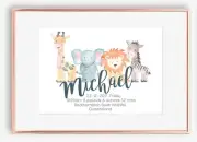 New Baby Safari Announcement, Giraffe Elephant Lion Zebra Birth Print, Nursery