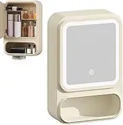Bathroom Mirror Cabinet, Storage Organizer Mirror, Led Lights Feature, Magnetic Door Dispenser, Modern Bathroom Decor for Shampoo Makeup, 42x28x11.5cm Light White Yellow