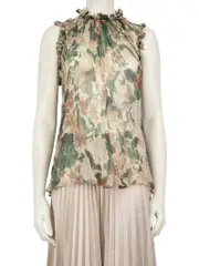 Green & Brown Silk Floral Sheer Top