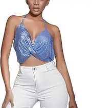 [NICEYEA] Women Bling Glitter Sequin Metal Chain Blackless Crop Top for Belly Dance Outfits Beach Party Harness Vest
