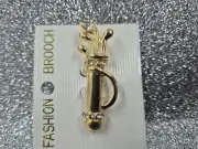 Golf Bag & Clubs Brooch! Gold Tone Pin With Diamontes.