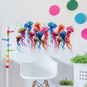 Colourful Jellyfish Wall Decal, Removable Watercolour Art Sticker, 60 x 30 cm, Rainbow Marine Design
