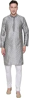 [Maple Clothing] Jacquard Silk Embroidered Mens Kurta Pajama India Clothing (Grey, XL)