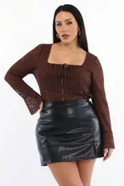 Brown Lace Top Long Sleeve Front Tie