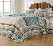 Greenland Home Thalia Velvet-Embellished Cotton Bedspread Set - Jumbo Sized Reversible Quilt Set, 3-Piece King/Cal King, Blue