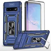 [Asuwish] Phone Case for Samsung Galaxy S10 with Tempered Glass Screen Protector and Slide Camera Cover Magnetic Ring Holder Kickstand Cell Accessories Hybrid S 10 Edge 10S GS10 X10 Women Men Navy Blue