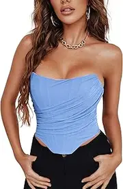 [CORSKI] Women Mesh Bustier Strapless Open Back Crop Top Zip Back Boned Overbust Corset Aesthetic Bodyshaper
