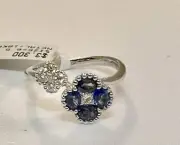 18K WHITE GOLD - SAPPHIRE (.94Ct) + DIAMOND (.29Ct) DOUBLE FLOWER RING Sz 6.5