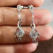 1.40Ct Round Cut Real Moissanite Drop Dangle Earrings 14K White Gold Plated