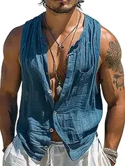 [HongYunAu] Men's Retro Simple Vest Summer Solid Coor Casual Sleeveless Henley Collar Beach Vest