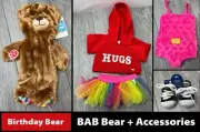 5pc Build-A-Bear Lot: Birthday Bear, Hoodie, Tutu, Pink Carrier, Canvas Shoes