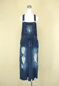 在飛比找露天拍賣優惠-貞新 韓 藍色刷破平口吊帶牛仔洋裝吊帶裙M號(45706)