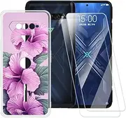 ESACMOT Pink Flowers Pattern Case Compatible with Xiaomi Black Shark 4 + [2 Pack] Screen Protector Tempered Glass, Shockproof Case Cover for Xiaomi Black Shark 4 Pro (6.67 inch)