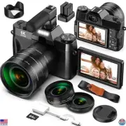 6K 64MP Digital Camera with Flip Screen, Dual Lens, Microphone & 64GB Card
