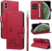 SATURCASE Case for Apple iPhone X/XS, Cute Cat PU Leather Flip Dual Magnet Wallet Stand Card Slots Hand Strap Protective Cover for Apple iPhone X/XS (ZC-Red)