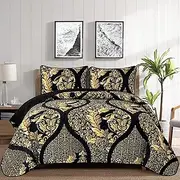 DJY Black Quilt Set King Size, Boho Gold Damask Bedspread Coverlet Set Soft Lightweight Microfiber Bedding Set 3 Pieces for All Season (104/''x90/''), Black Gold